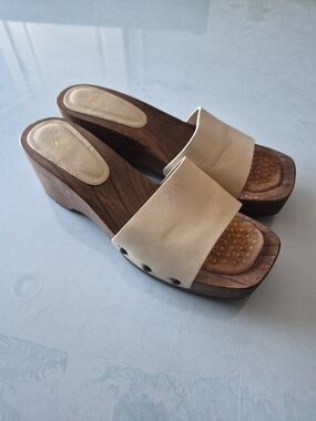 Zara Cream Leather Wood-Platform Wedge Slides
